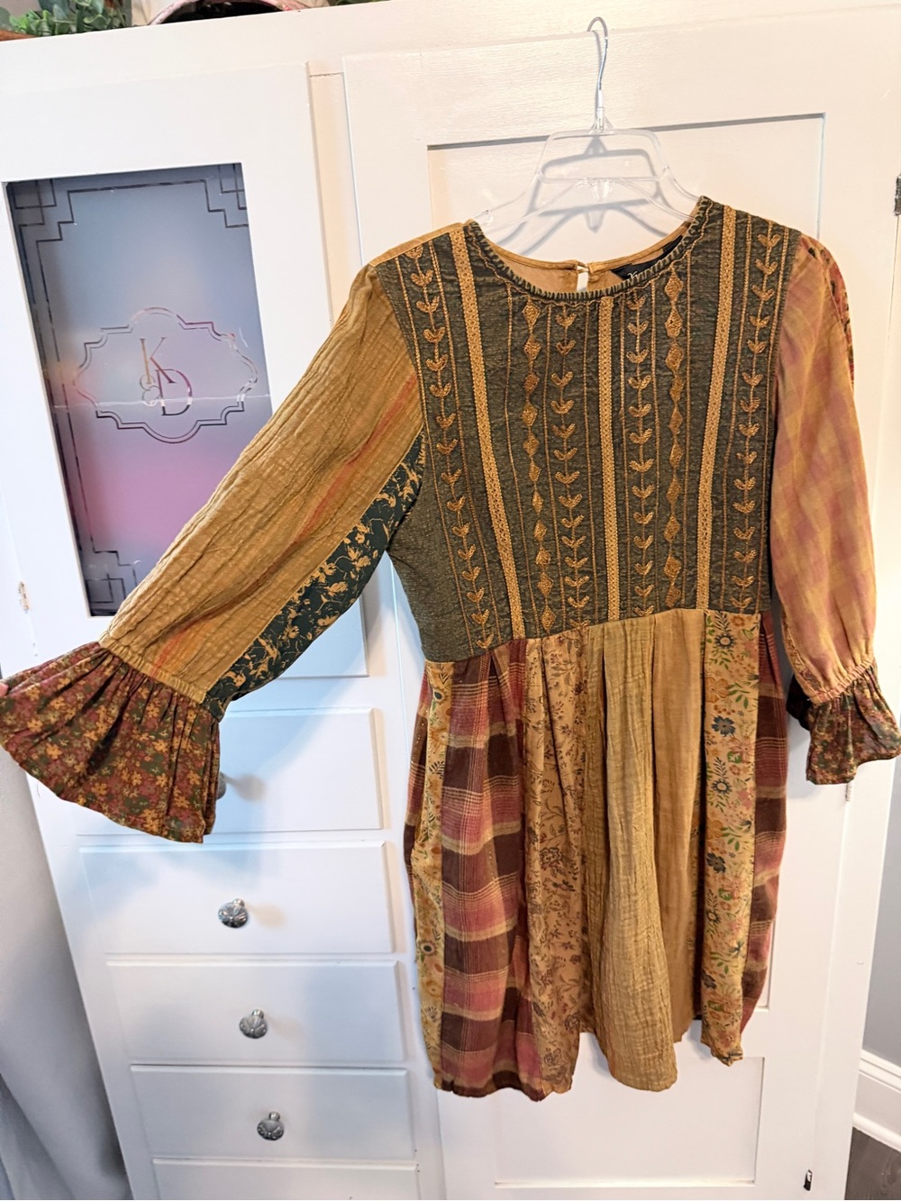Boho Patchwork Casual Midi Dress in Mustard and Burgundy - Picture 2 of 14